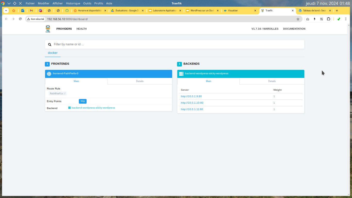 Le tableau de bord Traefik une fois la pile déployée : un frontend, un backend, trois serveurs WordPress répartis sur les travailleurs.