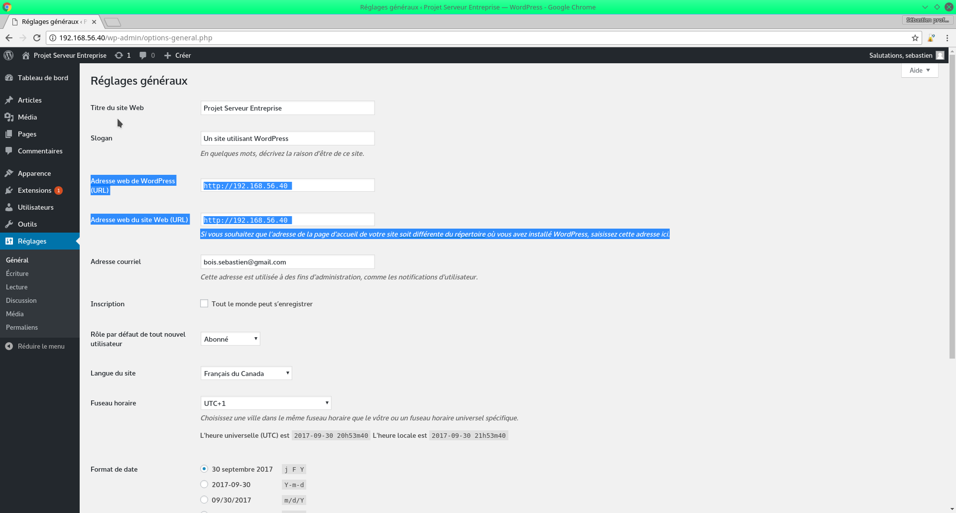 Réglages WordPress avec l'adresse de HAProxy